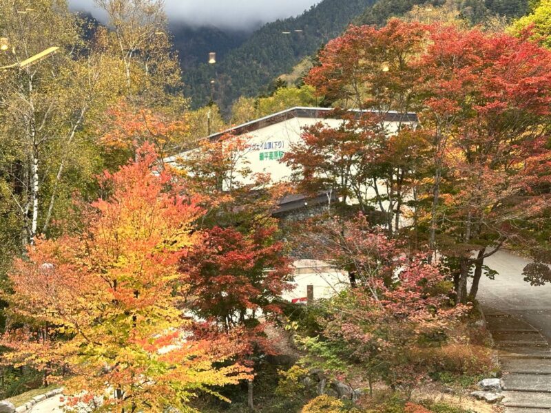紅葉に囲まれた新穂高第1ロープウェイ鍋平高原駅（2026年10月）